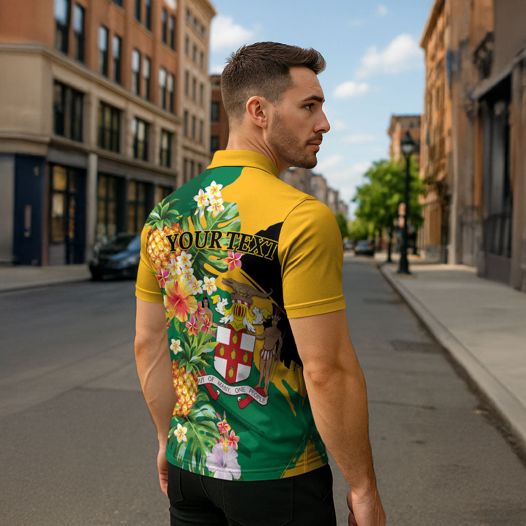 Personalized Jamaica Pineapple Zipper Polo Shirt Coat of Arms Tropical Flowers