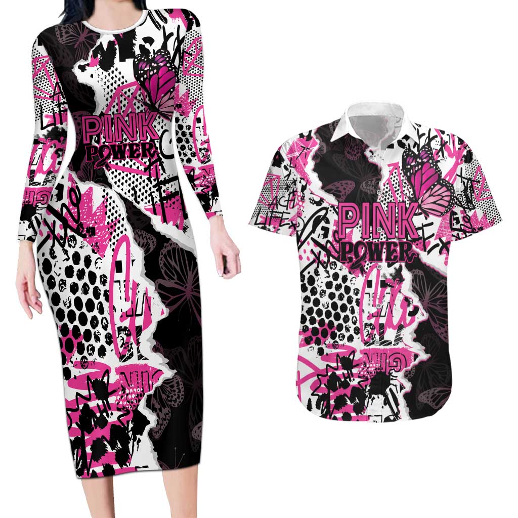 Personalized Pink Power Graffiti Couples Matching Long Sleeve Bodycon Dress and Hawaiian Shirt Breast Cancer Awareness - Wonder Print Shop