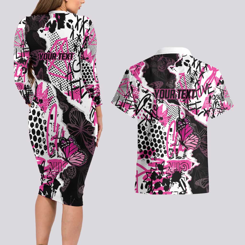 Personalized Pink Power Graffiti Couples Matching Long Sleeve Bodycon Dress and Hawaiian Shirt Breast Cancer Awareness - Wonder Print Shop
