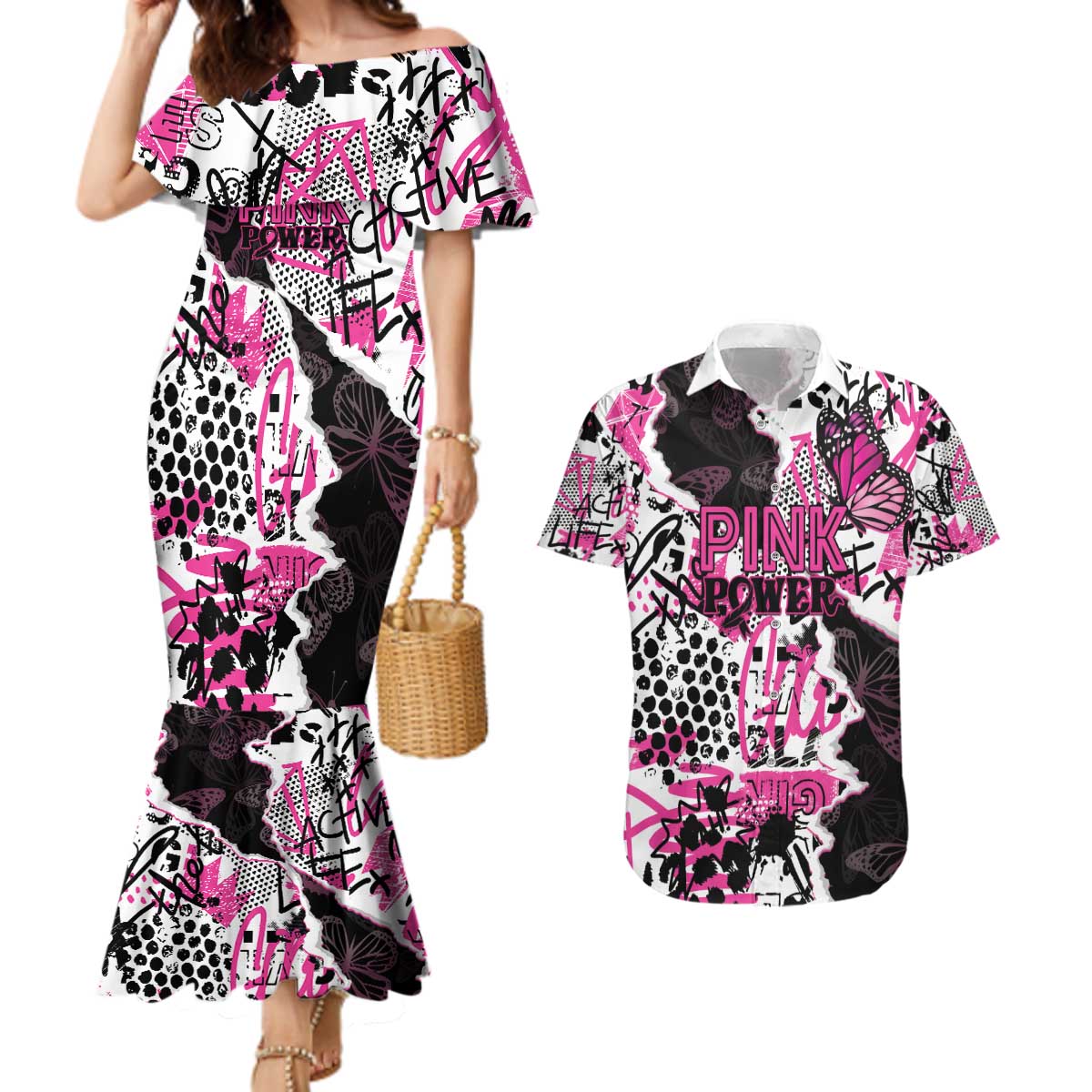 Personalized Pink Power Graffiti Couples Matching Mermaid Dress and Hawaiian Shirt Breast Cancer Awareness - Wonder Print Shop