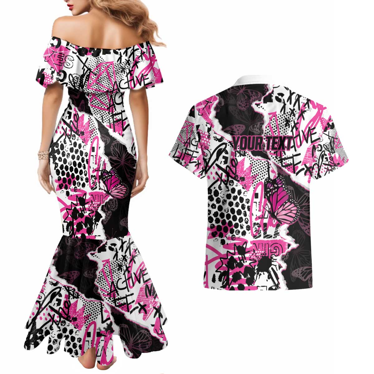 Personalized Pink Power Graffiti Couples Matching Mermaid Dress and Hawaiian Shirt Breast Cancer Awareness - Wonder Print Shop