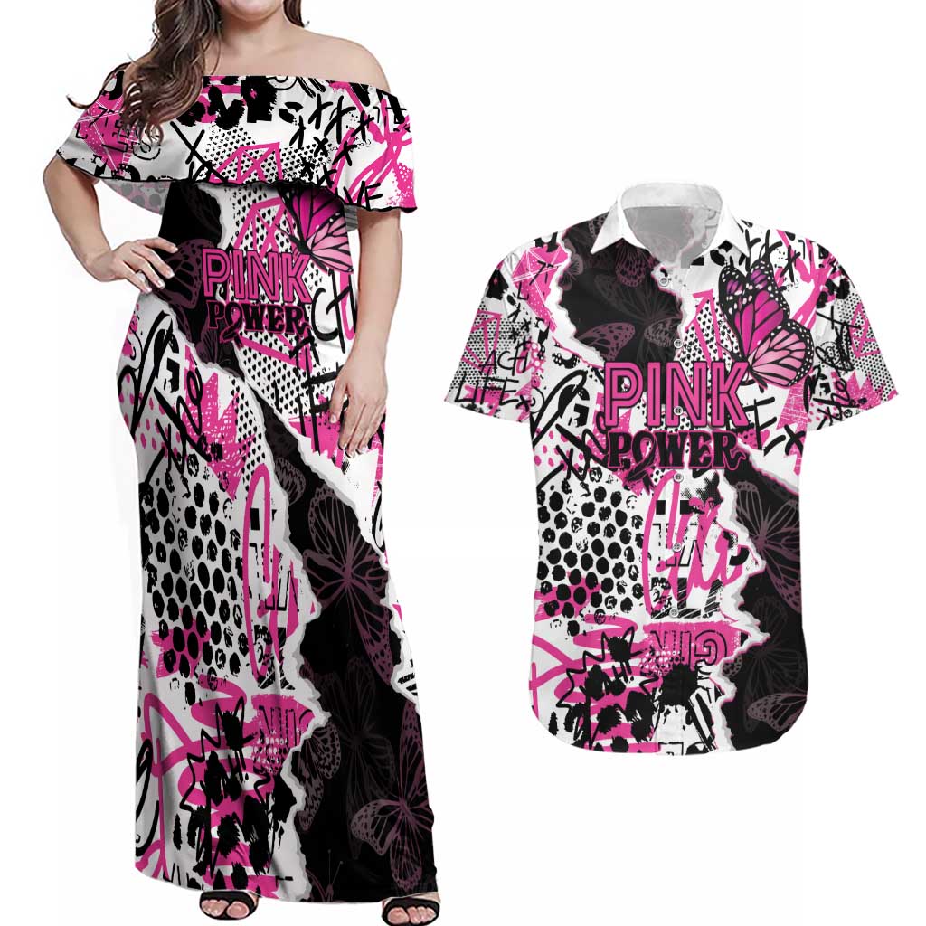 Personalized Pink Power Graffiti Couples Matching Off Shoulder Maxi Dress and Hawaiian Shirt Breast Cancer Awareness - Wonder Print Shop