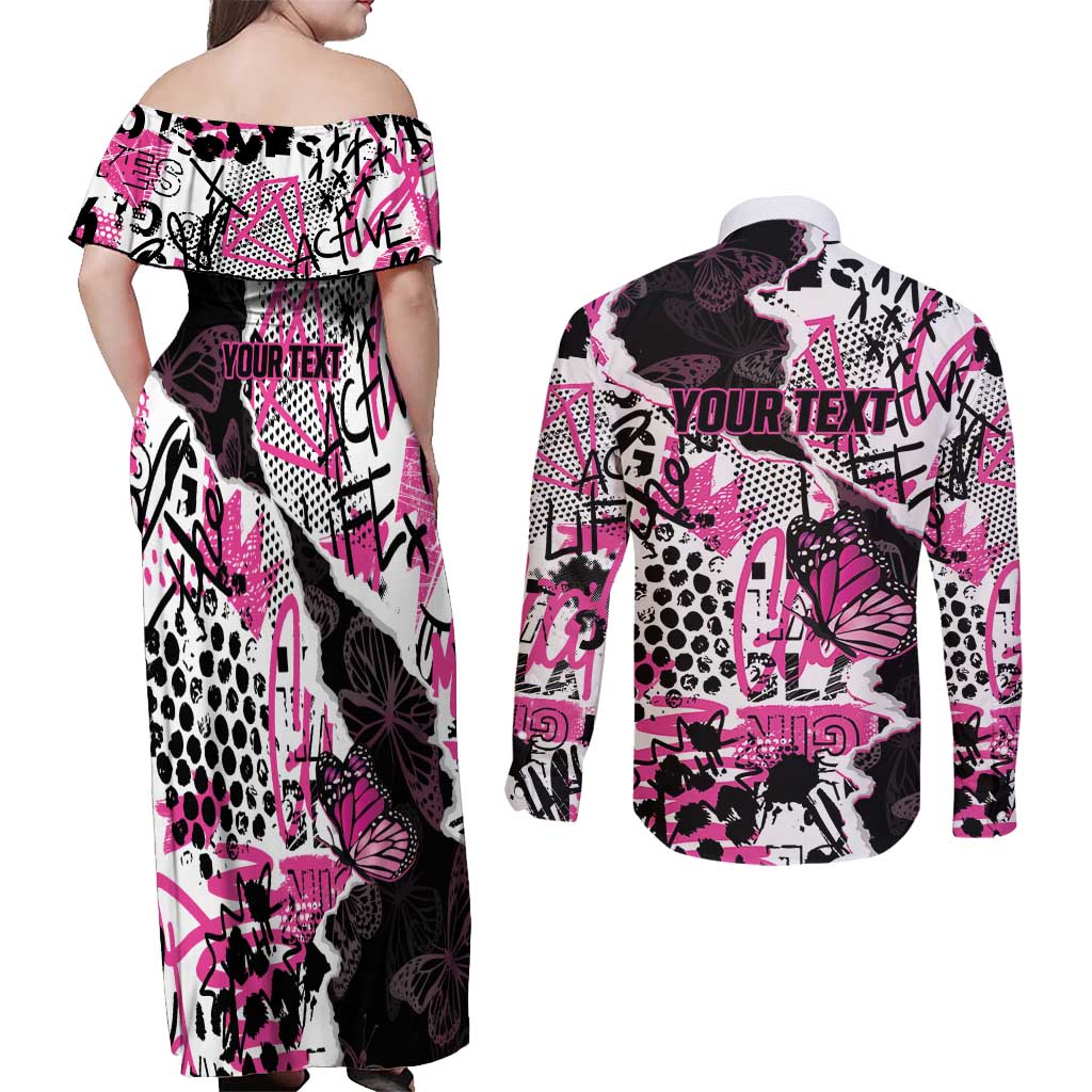 Personalized Pink Power Graffiti Couples Matching Off Shoulder Maxi Dress and Long Sleeve Button Shirt Breast Cancer Awareness - Wonder Print Shop
