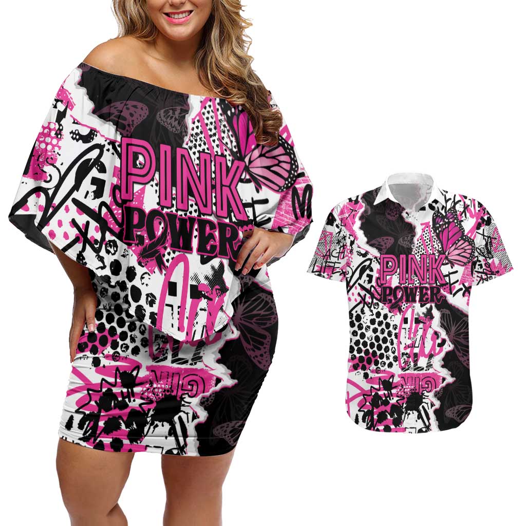 Personalized Pink Power Graffiti Couples Matching Off Shoulder Short Dress and Hawaiian Shirt Breast Cancer Awareness - Wonder Print Shop