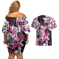 Personalized Pink Power Graffiti Couples Matching Off Shoulder Short Dress and Hawaiian Shirt Breast Cancer Awareness - Wonder Print Shop