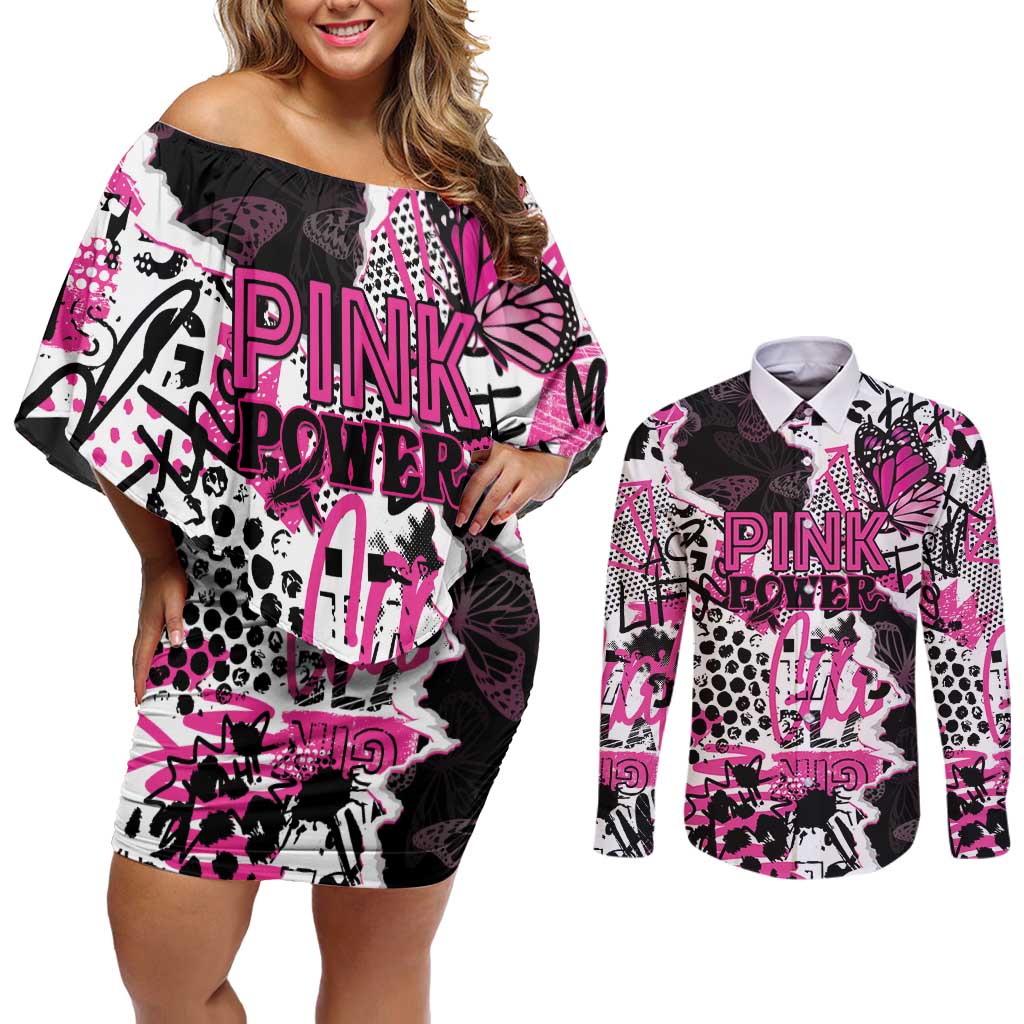 Personalized Pink Power Graffiti Couples Matching Off Shoulder Short Dress and Long Sleeve Button Shirt Breast Cancer Awareness - Wonder Print Shop