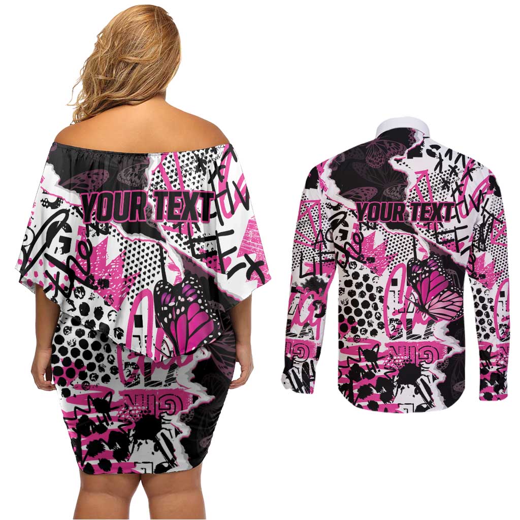 Personalized Pink Power Graffiti Couples Matching Off Shoulder Short Dress and Long Sleeve Button Shirt Breast Cancer Awareness - Wonder Print Shop