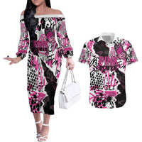 Personalized Pink Power Graffiti Couples Matching Off The Shoulder Long Sleeve Dress and Hawaiian Shirt Breast Cancer Awareness - Wonder Print Shop