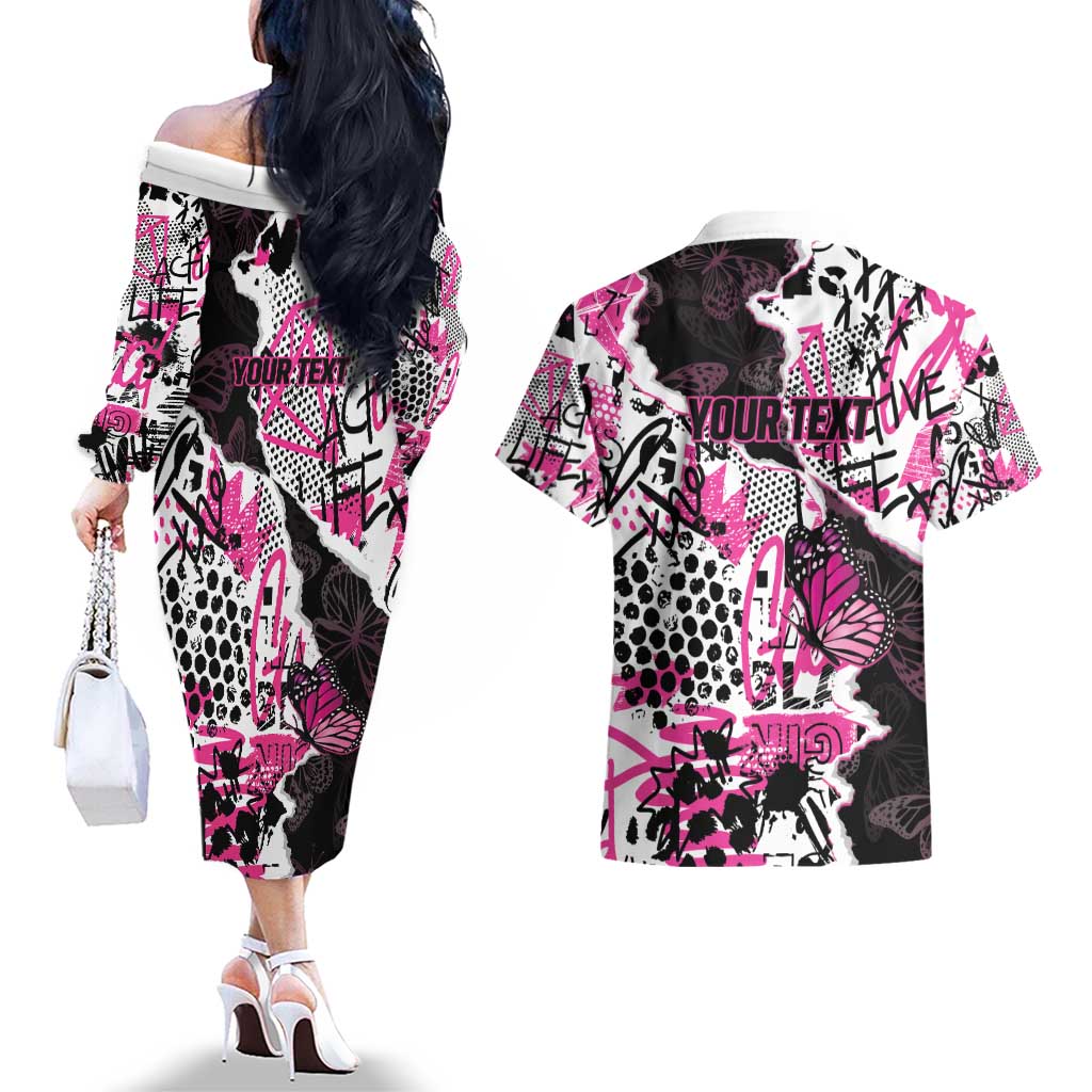 Personalized Pink Power Graffiti Couples Matching Off The Shoulder Long Sleeve Dress and Hawaiian Shirt Breast Cancer Awareness - Wonder Print Shop