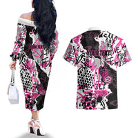Personalized Pink Power Graffiti Couples Matching Off The Shoulder Long Sleeve Dress and Hawaiian Shirt Breast Cancer Awareness - Wonder Print Shop