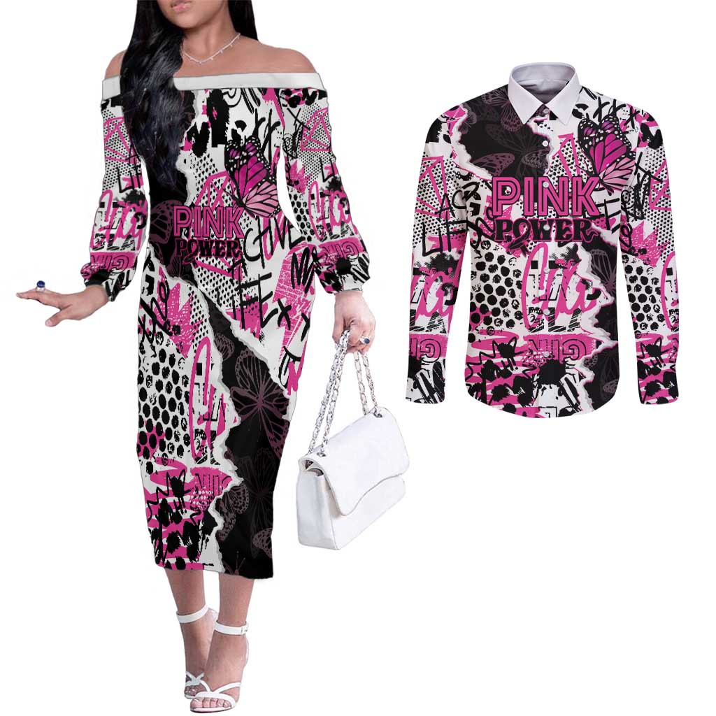 Personalized Pink Power Graffiti Couples Matching Off The Shoulder Long Sleeve Dress and Long Sleeve Button Shirt Breast Cancer Awareness - Wonder Print Shop