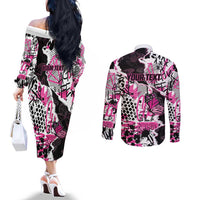 Personalized Pink Power Graffiti Couples Matching Off The Shoulder Long Sleeve Dress and Long Sleeve Button Shirt Breast Cancer Awareness - Wonder Print Shop