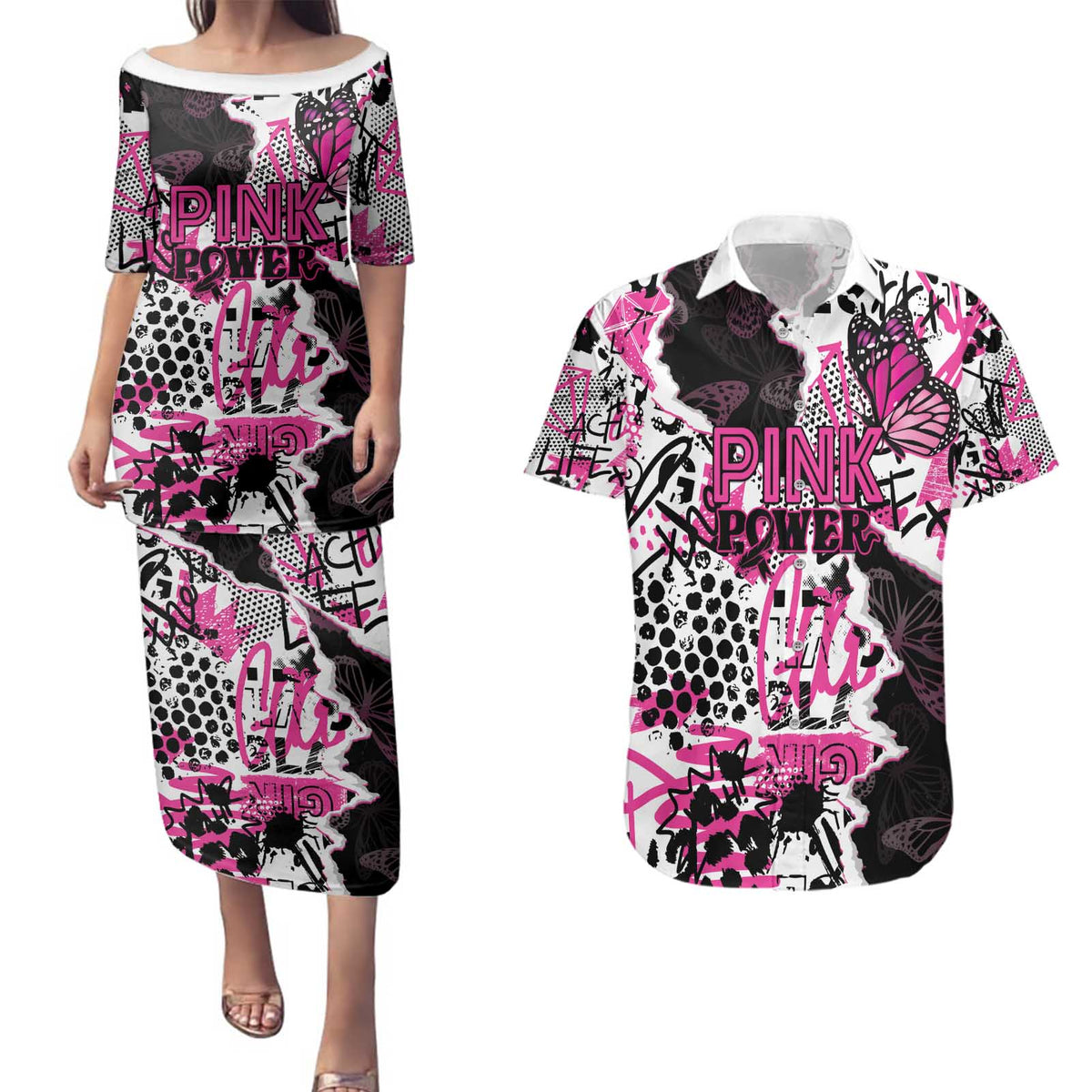 Personalized Pink Power Graffiti Couples Matching Puletasi and Hawaiian Shirt Breast Cancer Awareness - Wonder Print Shop