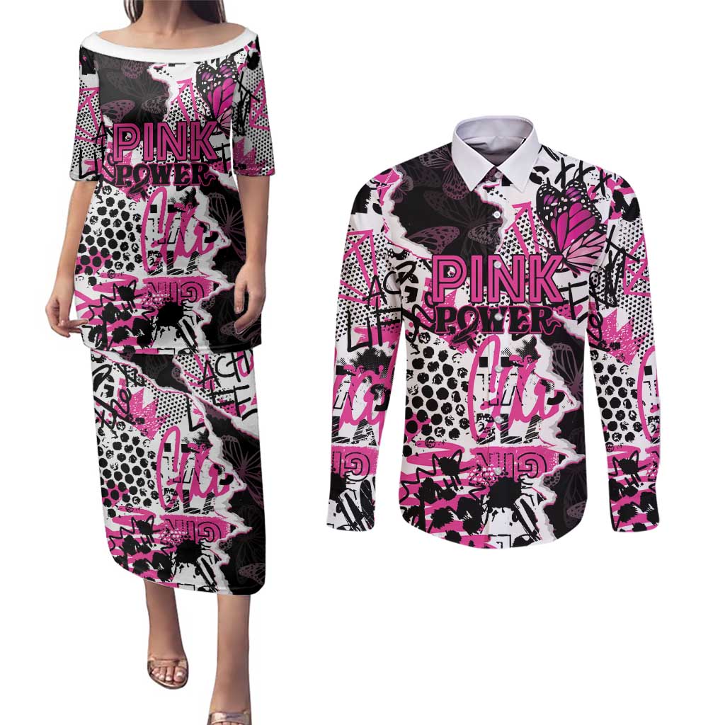 Personalized Pink Power Graffiti Couples Matching Puletasi and Long Sleeve Button Shirt Breast Cancer Awareness - Wonder Print Shop