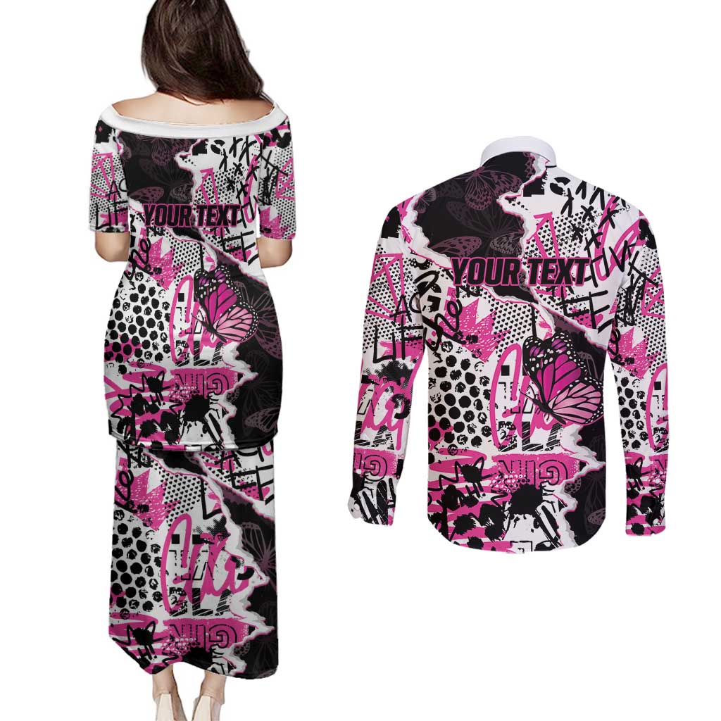 Personalized Pink Power Graffiti Couples Matching Puletasi and Long Sleeve Button Shirt Breast Cancer Awareness - Wonder Print Shop