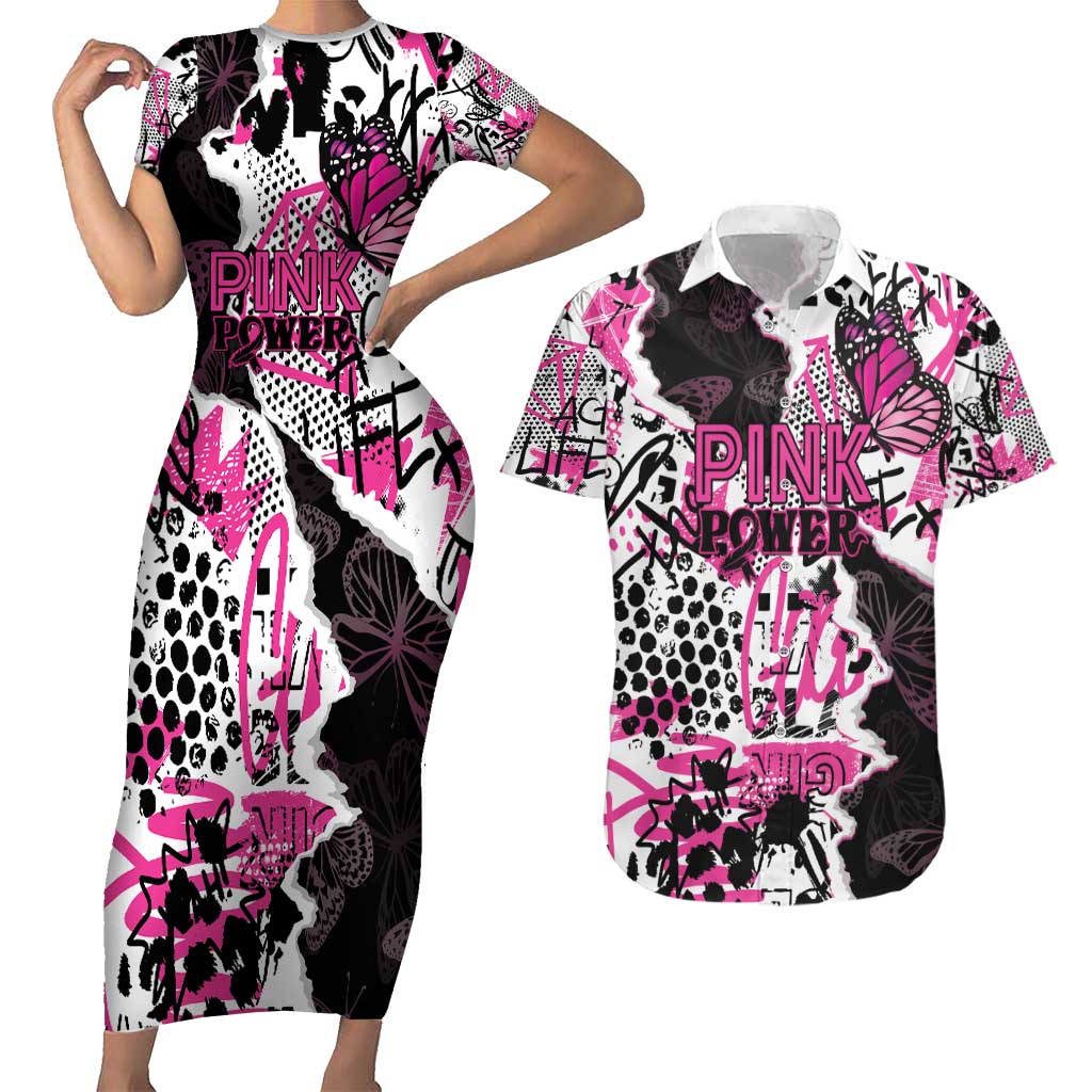 Personalized Pink Power Graffiti Couples Matching Short Sleeve Bodycon Dress and Hawaiian Shirt Breast Cancer Awareness - Wonder Print Shop