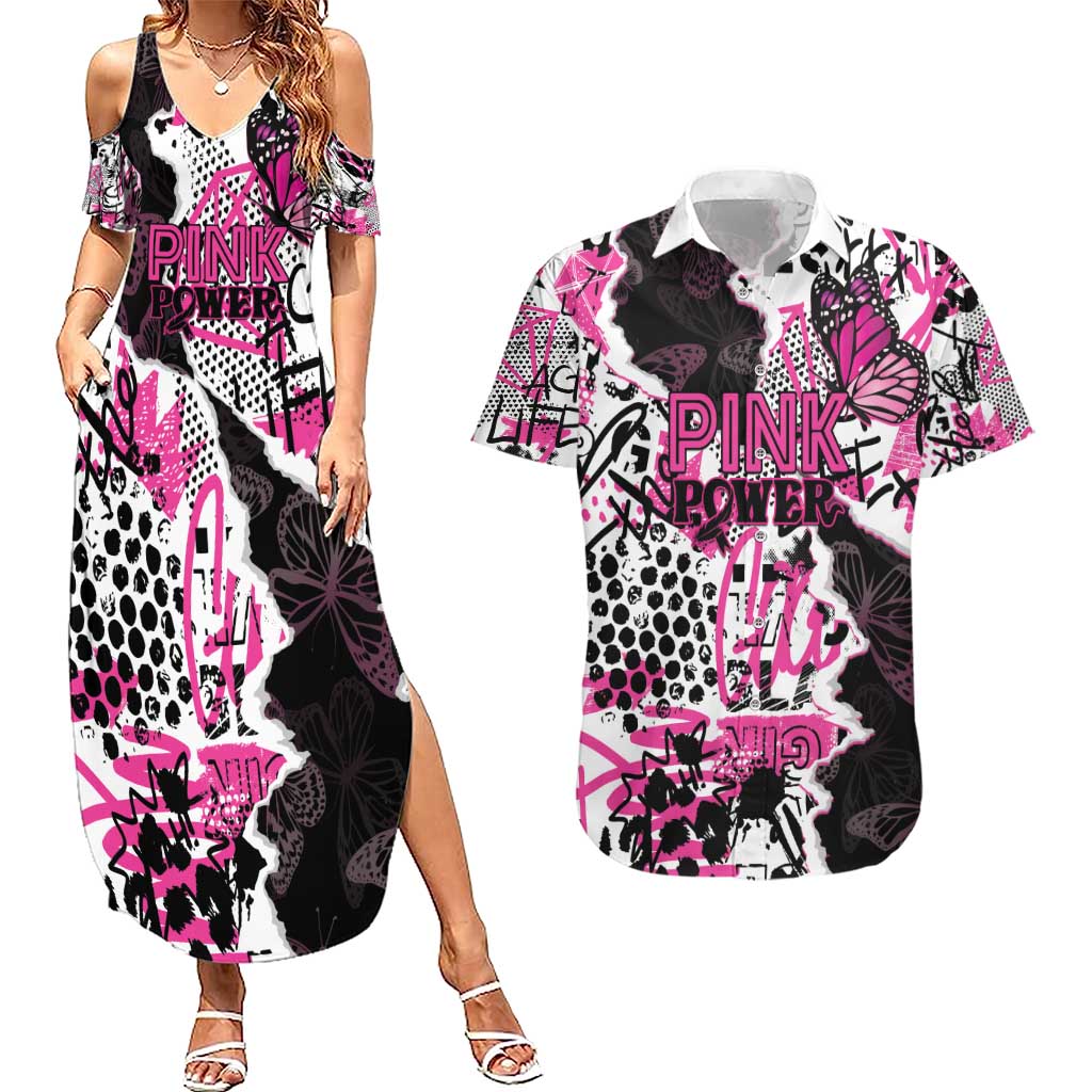 Personalized Pink Power Graffiti Couples Matching Summer Maxi Dress and Hawaiian Shirt Breast Cancer Awareness - Wonder Print Shop
