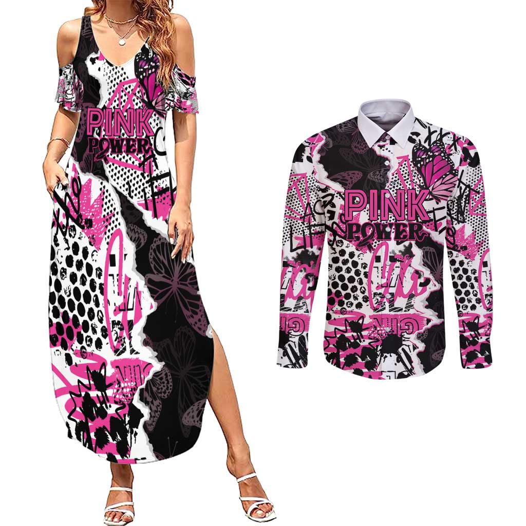 Personalized Pink Power Graffiti Couples Matching Summer Maxi Dress and Long Sleeve Button Shirt Breast Cancer Awareness - Wonder Print Shop