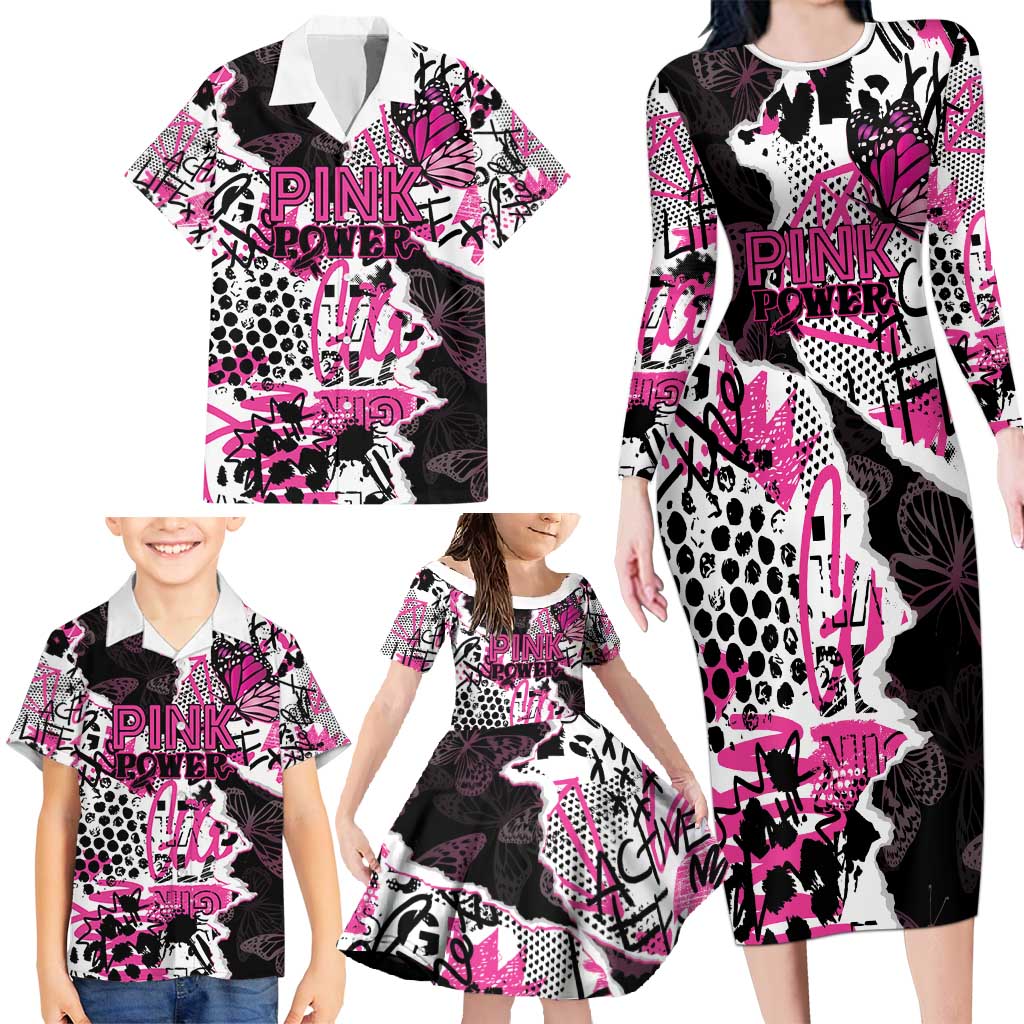 Personalized Pink Power Graffiti Family Matching Long Sleeve Bodycon Dress and Hawaiian Shirt Breast Cancer Awareness - Wonder Print Shop