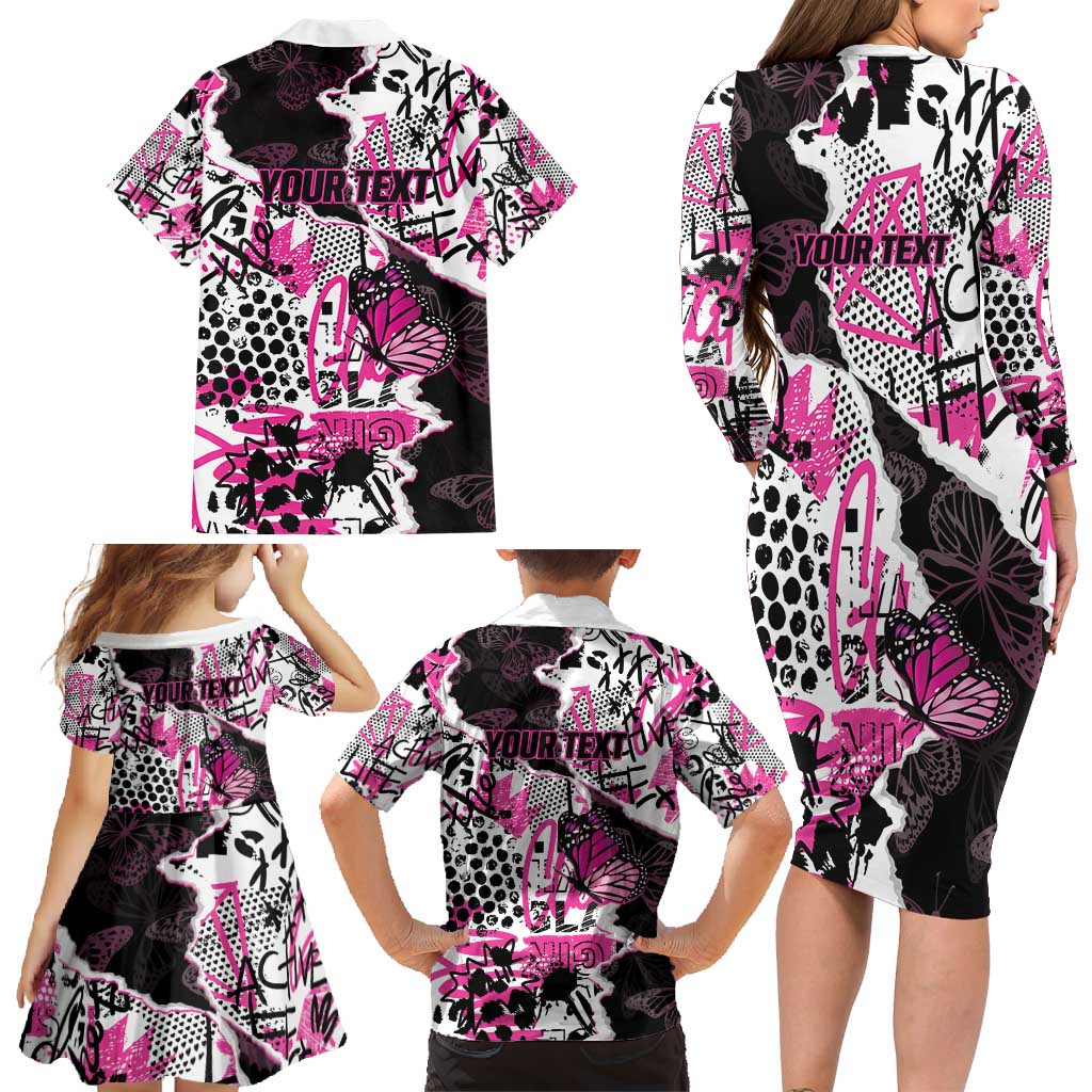 Personalized Pink Power Graffiti Family Matching Long Sleeve Bodycon Dress and Hawaiian Shirt Breast Cancer Awareness - Wonder Print Shop