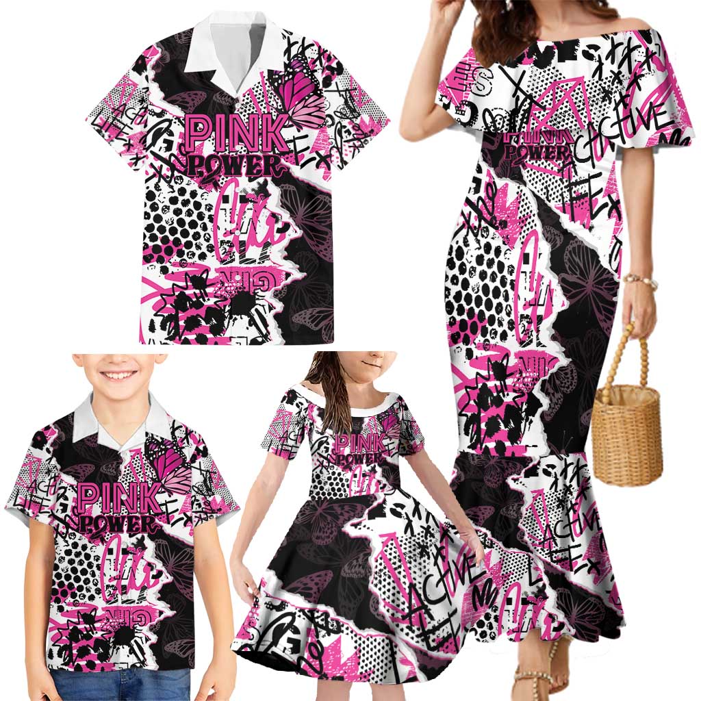 Personalized Pink Power Graffiti Family Matching Mermaid Dress and Hawaiian Shirt Breast Cancer Awareness - Wonder Print Shop