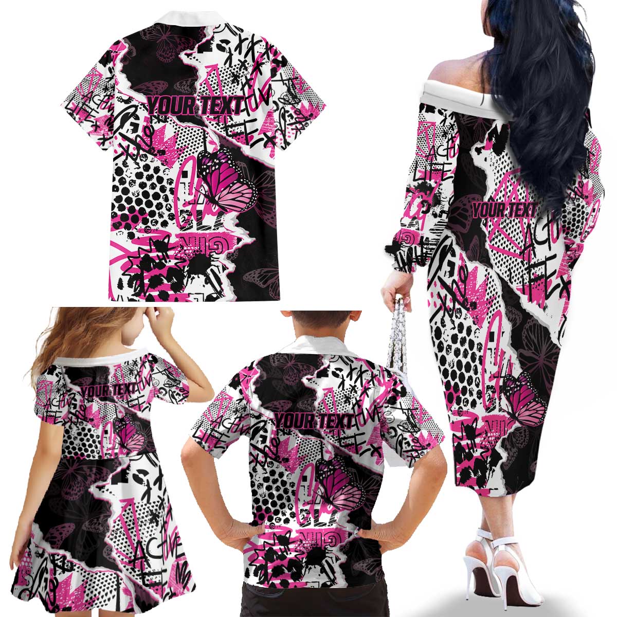Personalized Pink Power Graffiti Family Matching Off The Shoulder Long Sleeve Dress and Hawaiian Shirt Breast Cancer Awareness - Wonder Print Shop