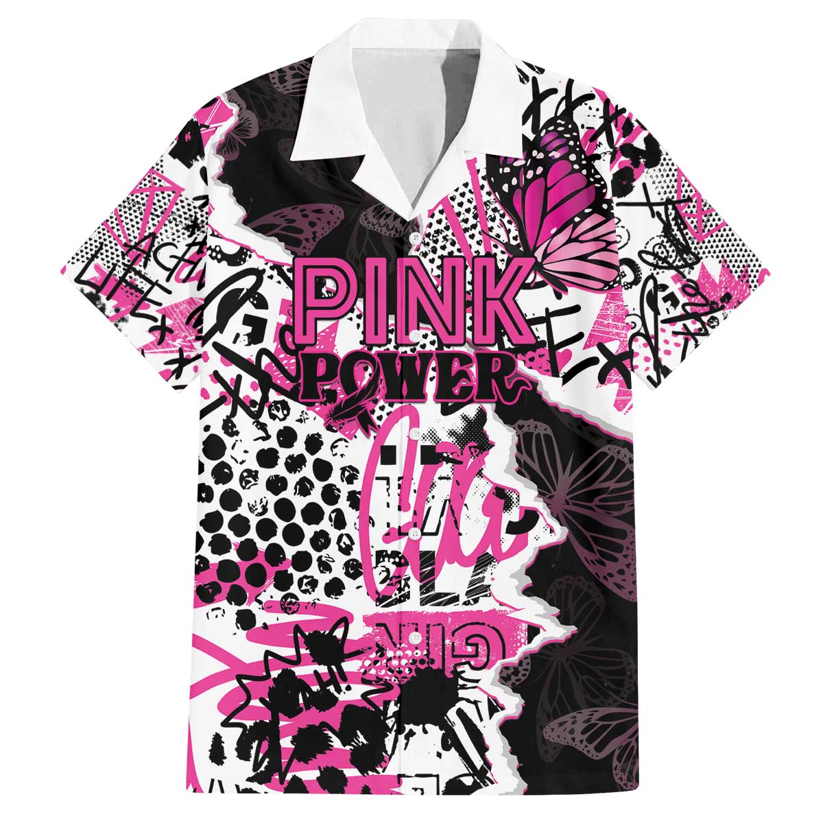 Personalized Pink Power Graffiti Family Matching Off The Shoulder Long Sleeve Dress and Hawaiian Shirt Breast Cancer Awareness - Wonder Print Shop