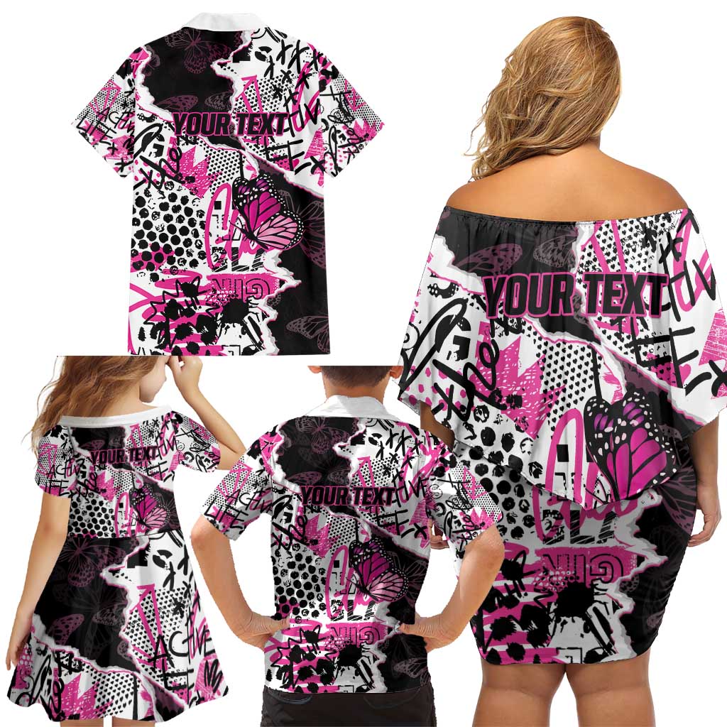 Personalized Pink Power Graffiti Family Matching Off Shoulder Short Dress and Hawaiian Shirt Breast Cancer Awareness - Wonder Print Shop