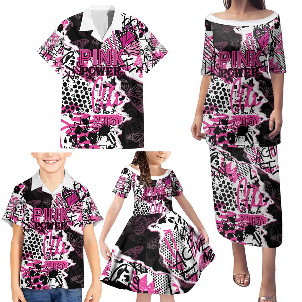 Personalized Pink Power Graffiti Family Matching Puletasi and Hawaiian Shirt Breast Cancer Awareness - Wonder Print Shop
