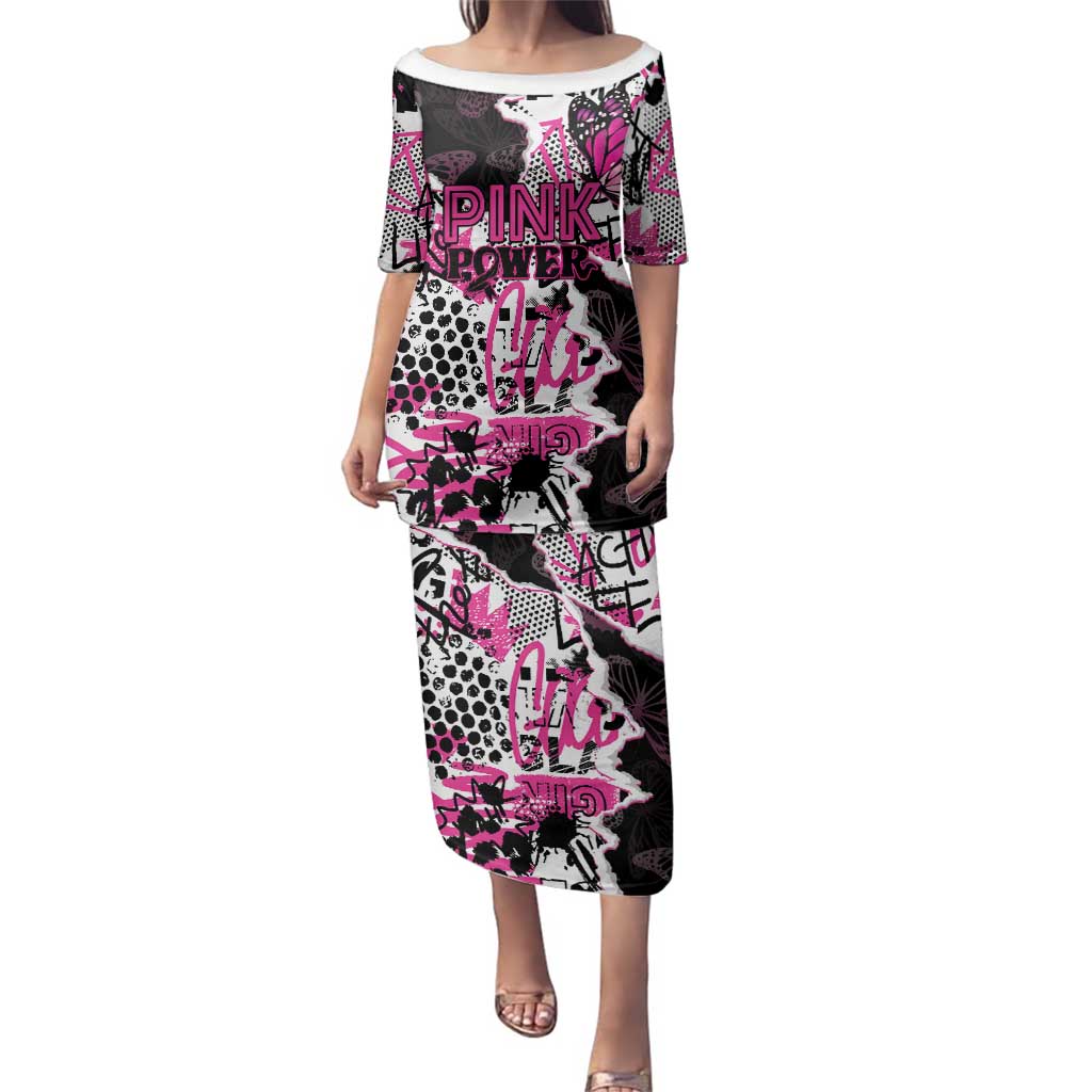 Personalized Pink Power Graffiti Family Matching Puletasi and Hawaiian Shirt Breast Cancer Awareness - Wonder Print Shop