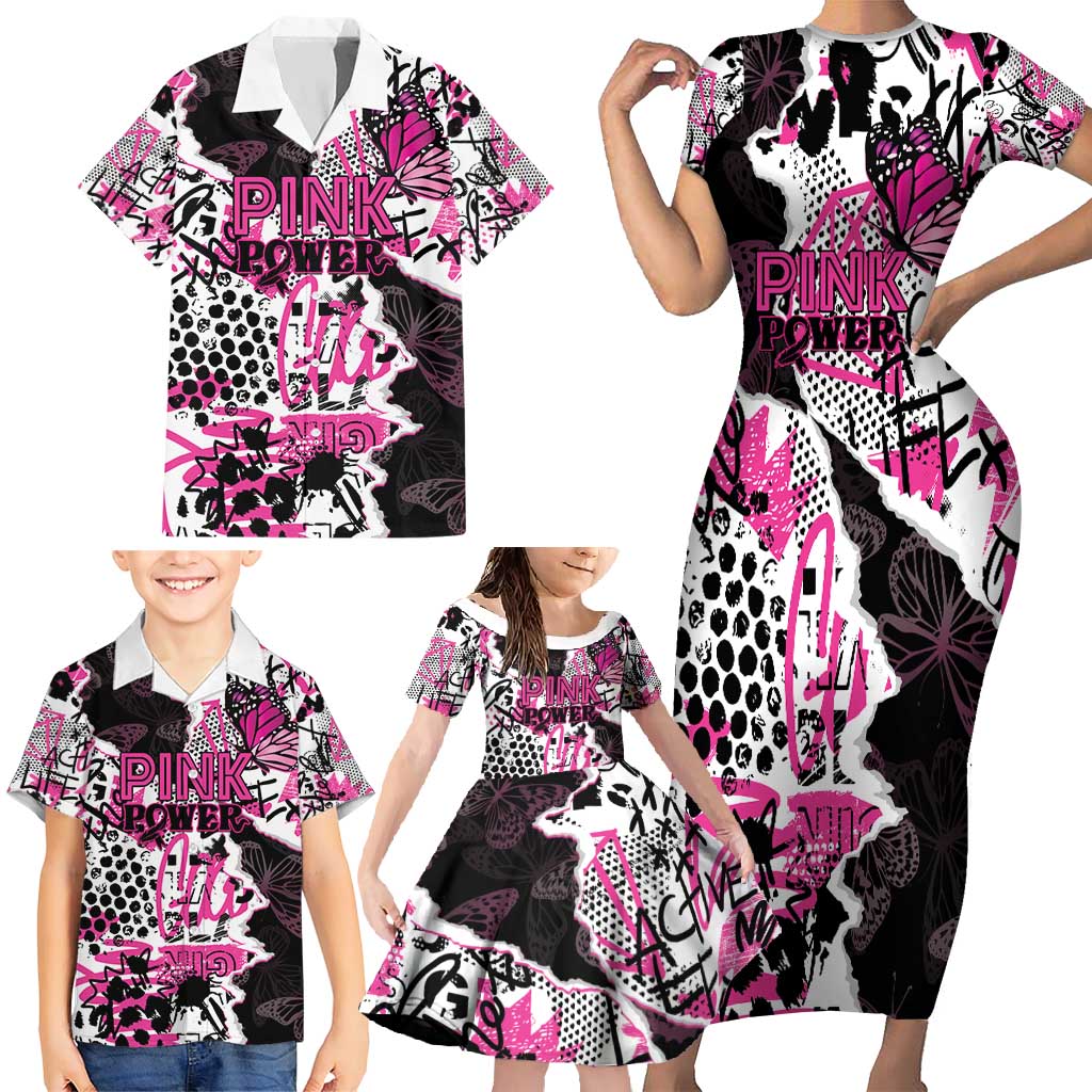 Personalized Pink Power Graffiti Family Matching Short Sleeve Bodycon Dress and Hawaiian Shirt Breast Cancer Awareness - Wonder Print Shop