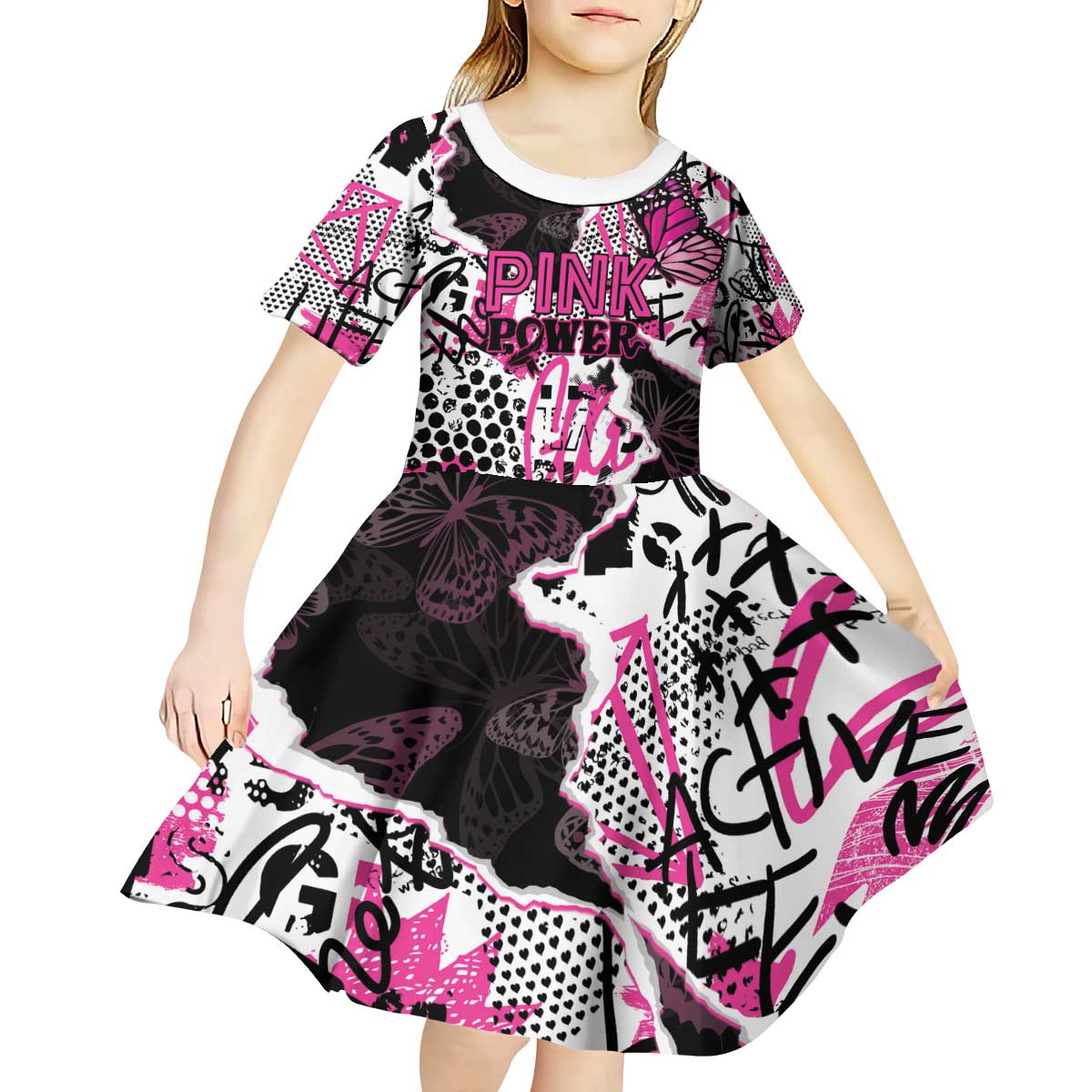 Personalized Pink Power Graffiti Kid Short Sleeve Dress Breast Cancer Awareness - Wonder Print Shop