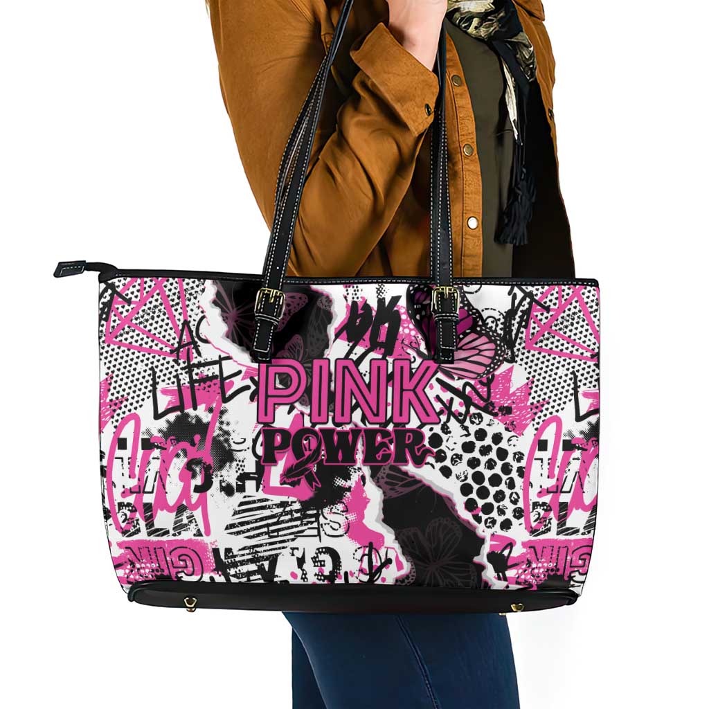 Pink Power Graffiti Leather Tote Bag Breast Cancer Awareness - Wonder Print Shop