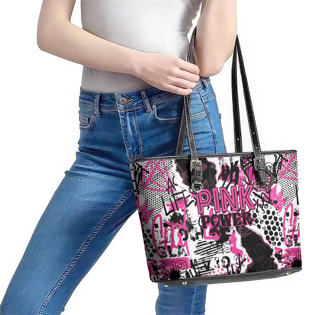 Pink Power Graffiti Leather Tote Bag Breast Cancer Awareness - Wonder Print Shop