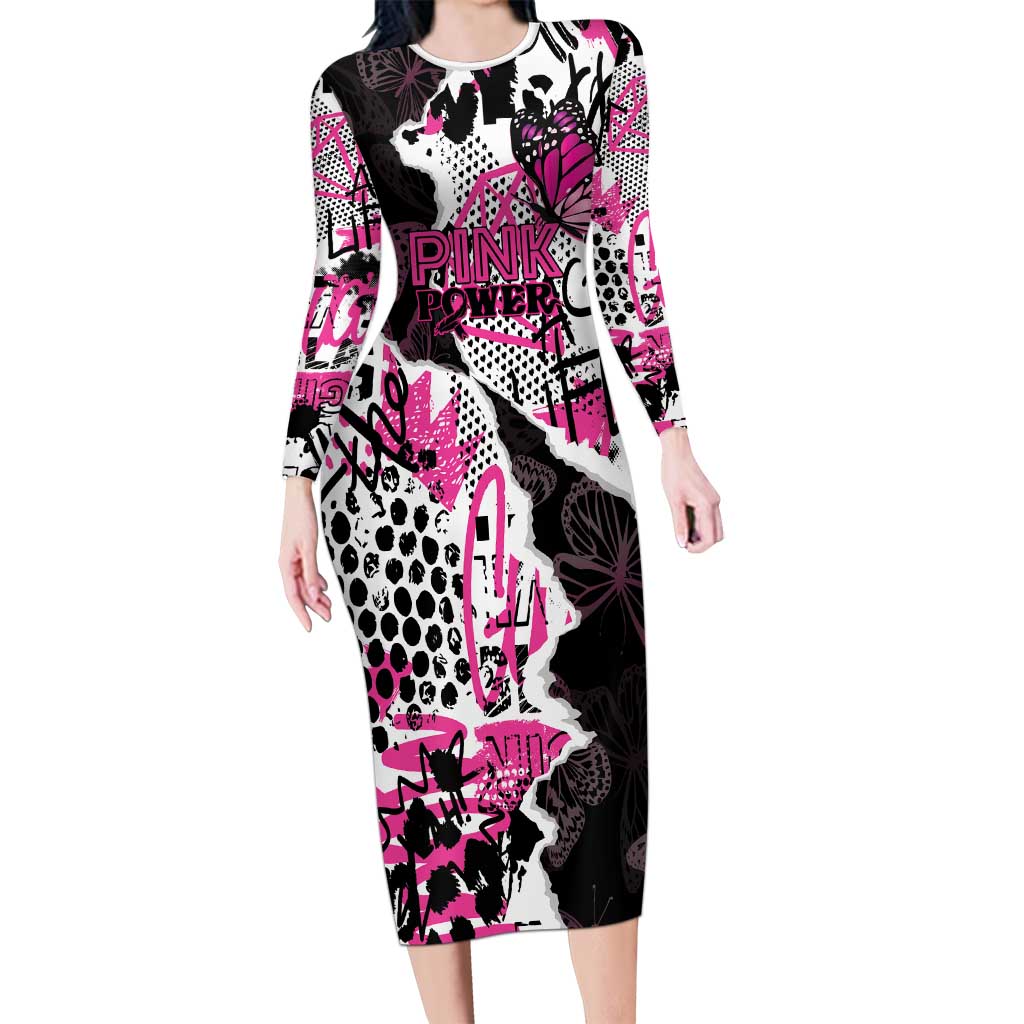 Personalized Pink Power Graffiti Long Sleeve Bodycon Dress Breast Cancer Awareness - Wonder Print Shop