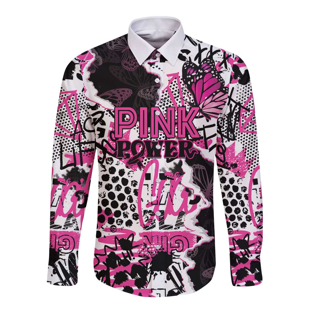 Personalized Pink Power Graffiti Long Sleeve Button Shirt Breast Cancer Awareness - Wonder Print Shop