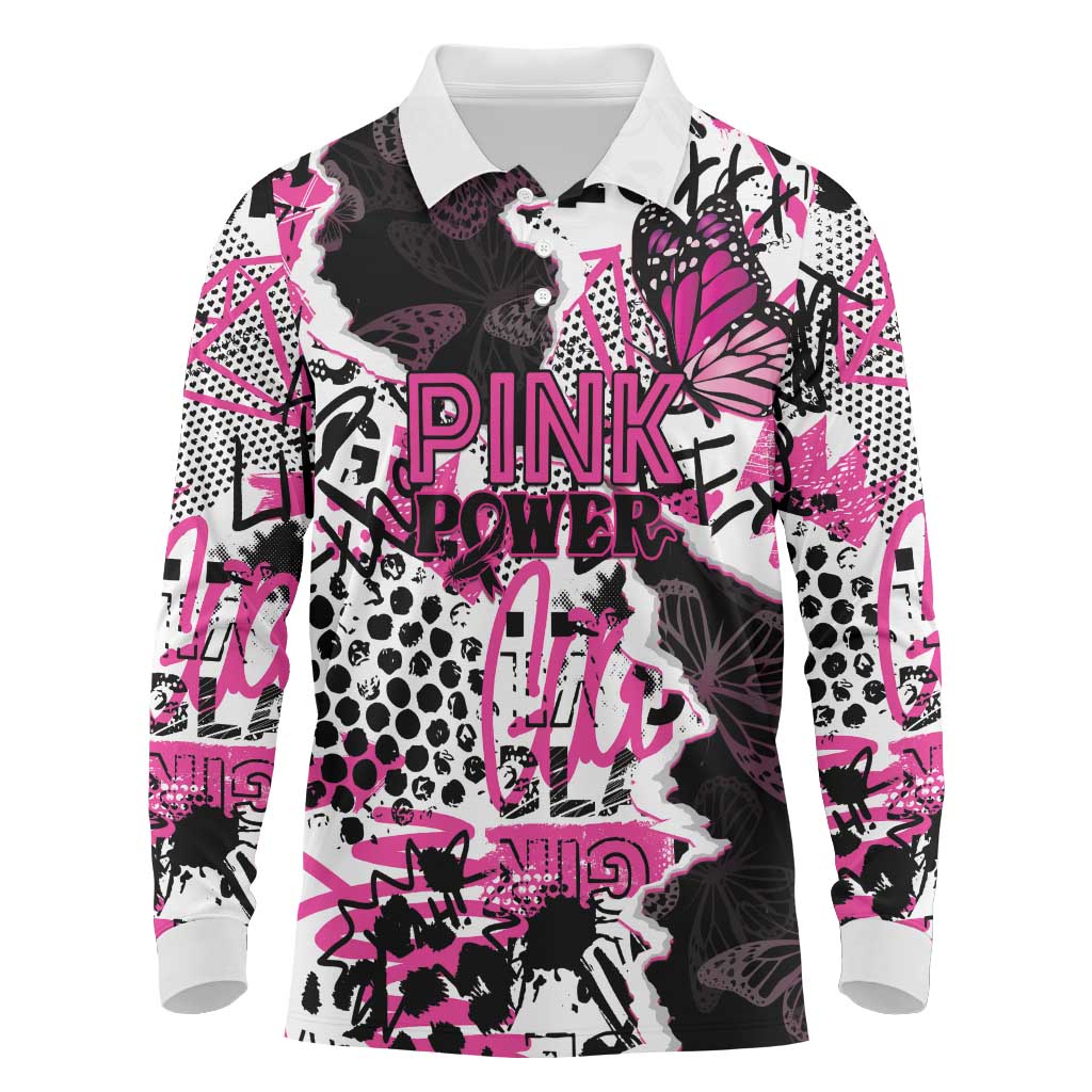 Personalized Pink Power Graffiti Long Sleeve Polo Shirt Breast Cancer Awareness - Wonder Print Shop