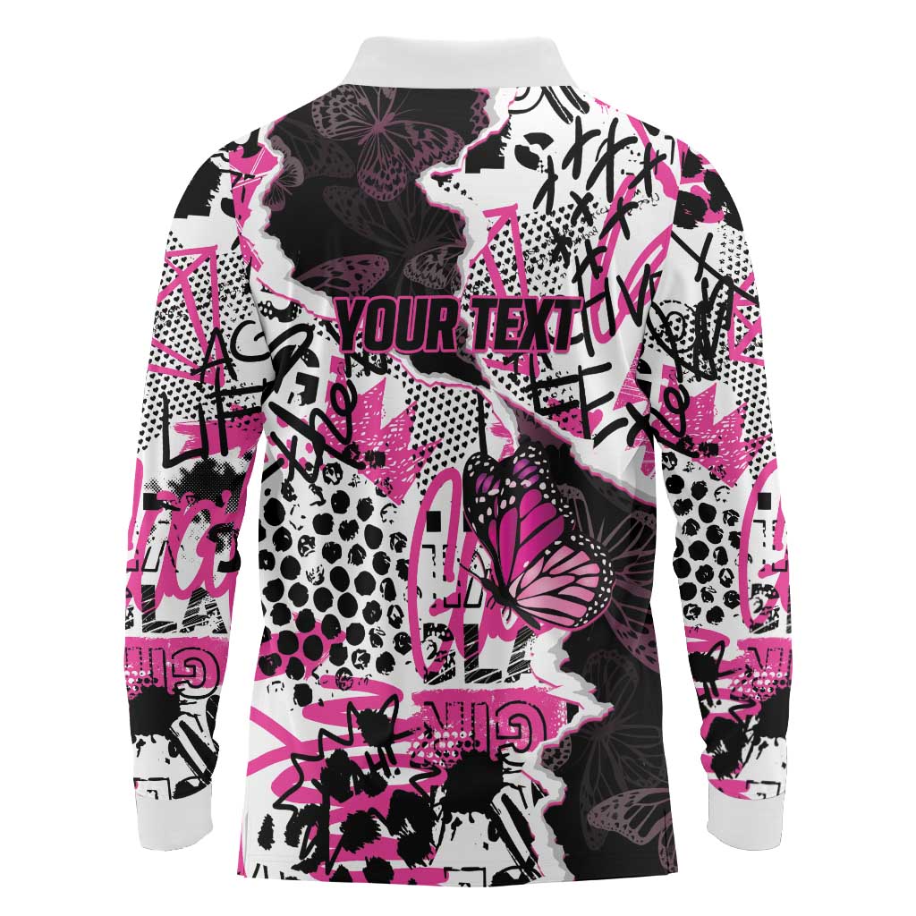 Personalized Pink Power Graffiti Long Sleeve Polo Shirt Breast Cancer Awareness - Wonder Print Shop