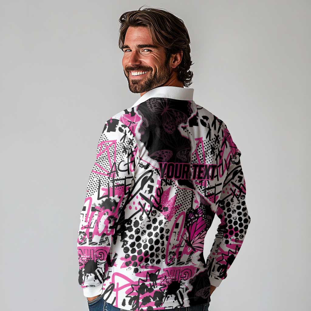 Personalized Pink Power Graffiti Long Sleeve Polo Shirt Breast Cancer Awareness - Wonder Print Shop