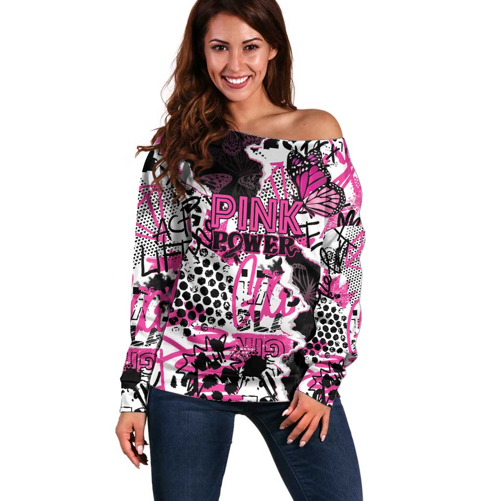Personalized Pink Power Graffiti Off Shoulder Sweater Breast Cancer Awareness - Wonder Print Shop