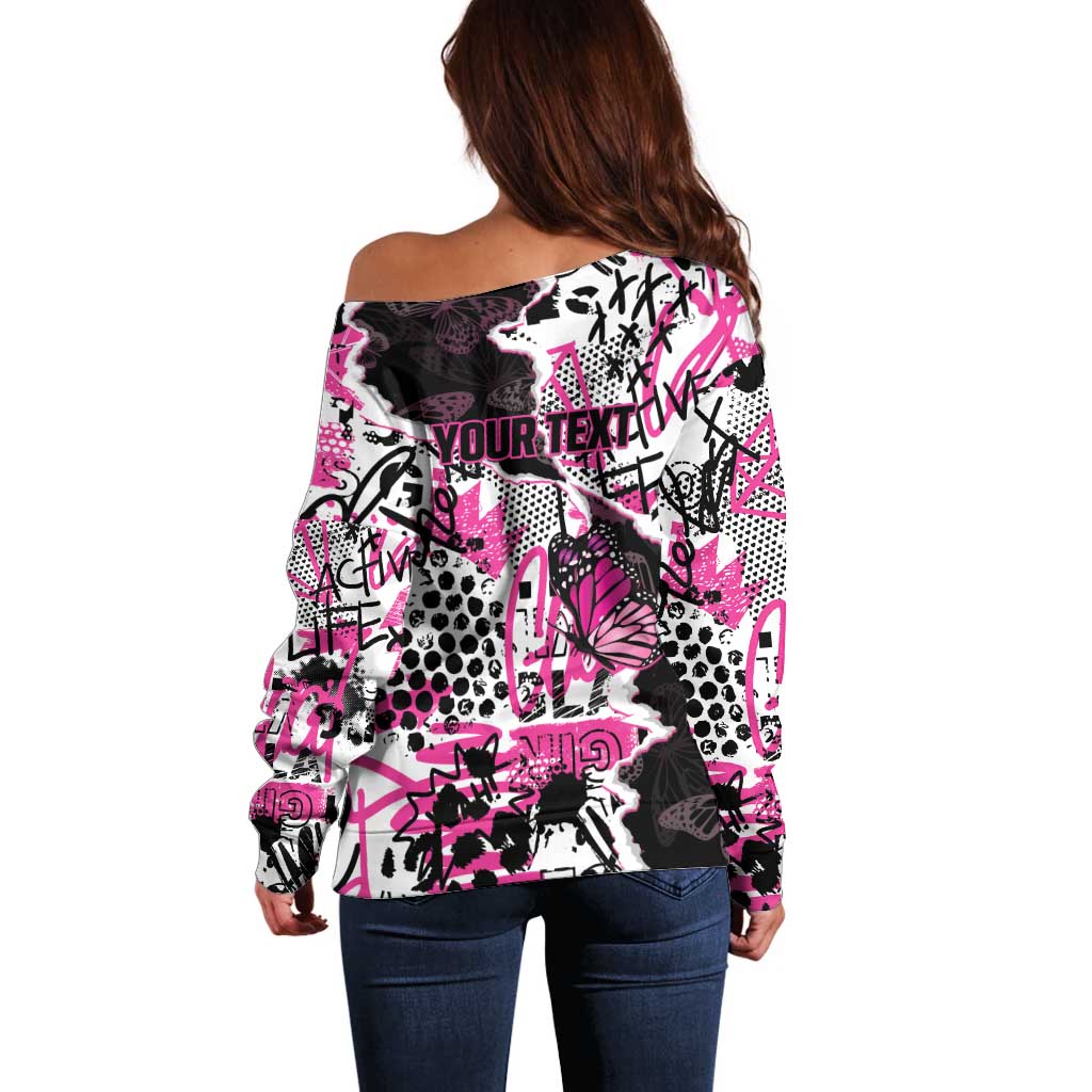 Personalized Pink Power Graffiti Off Shoulder Sweater Breast Cancer Awareness - Wonder Print Shop