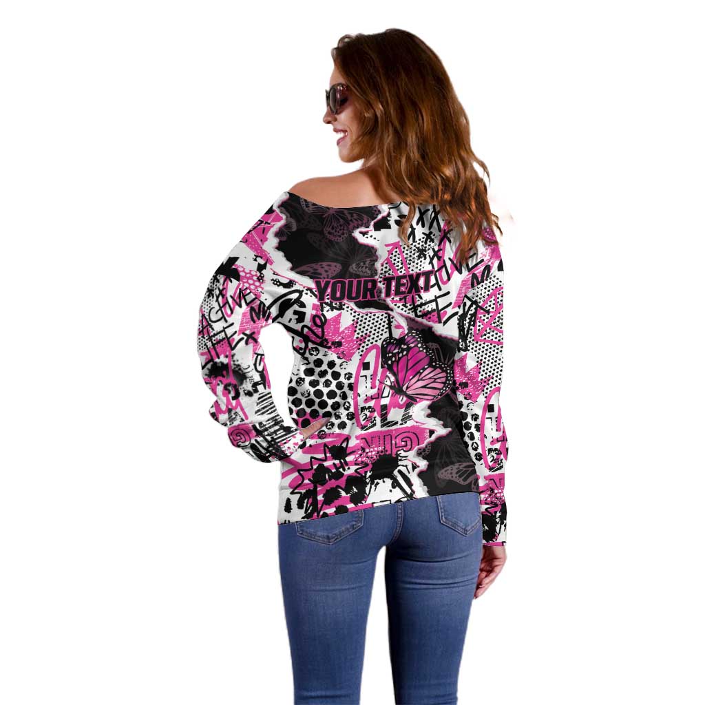 Personalized Pink Power Graffiti Off Shoulder Sweater Breast Cancer Awareness - Wonder Print Shop