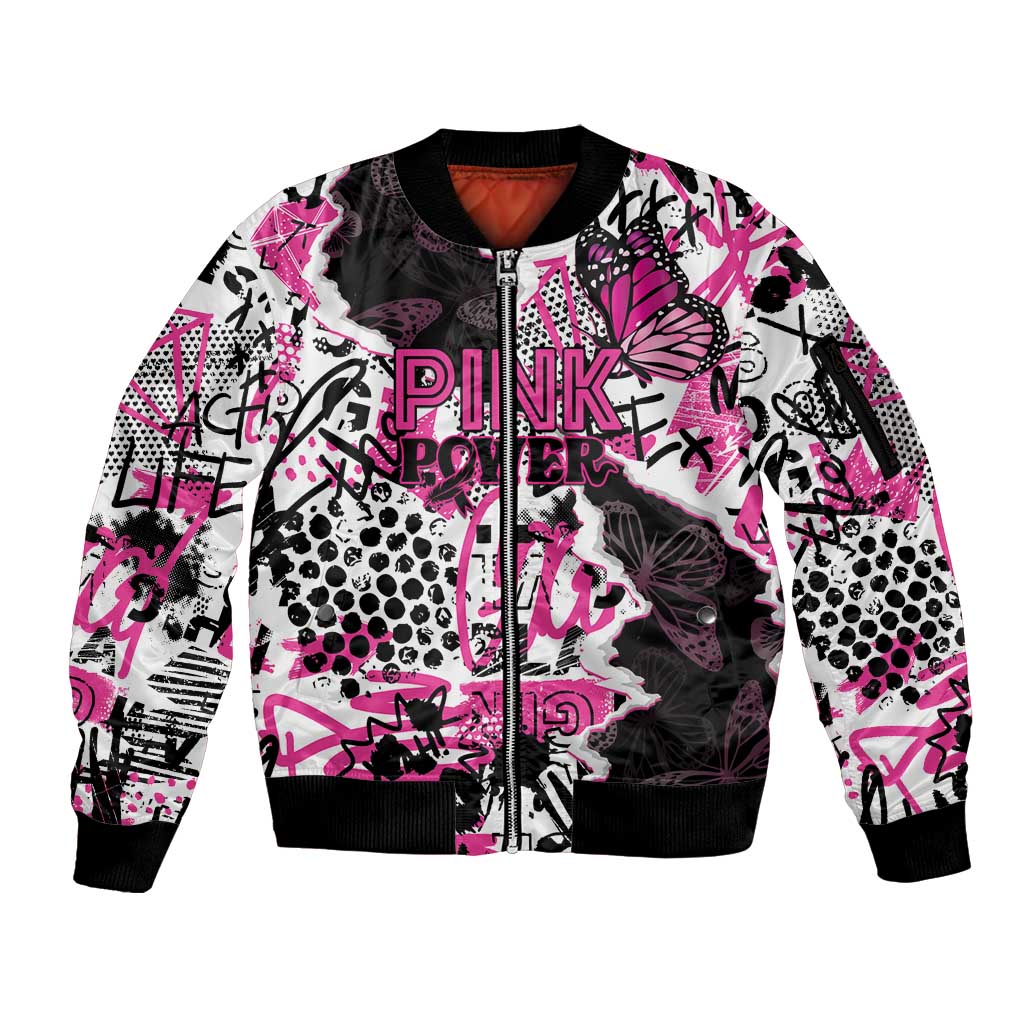 Personalized Pink Power Graffiti Sleeve Zip Bomber Jacket Breast Cancer Awareness - Wonder Print Shop
