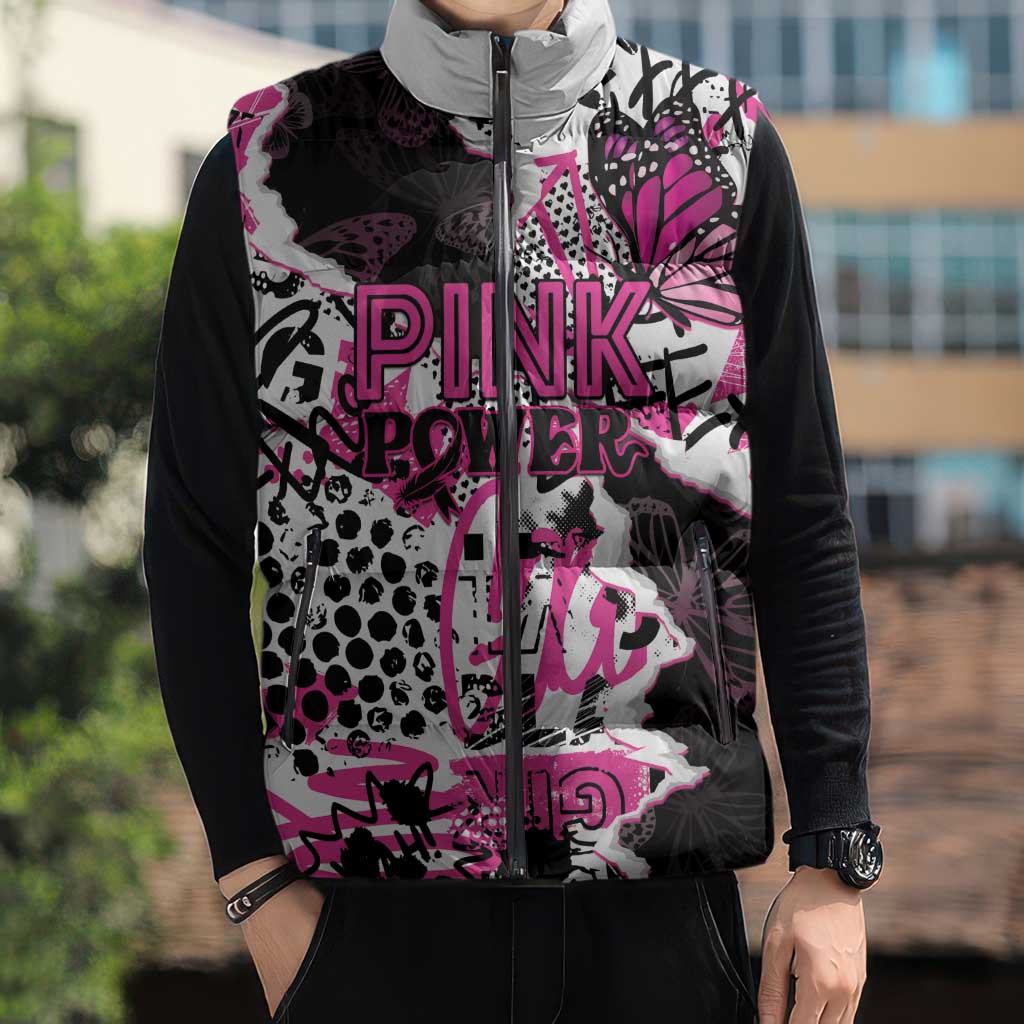 Personalized Pink Power Graffiti Sleeveless Puffer Jacket Breast Cancer Awareness - Wonder Print Shop