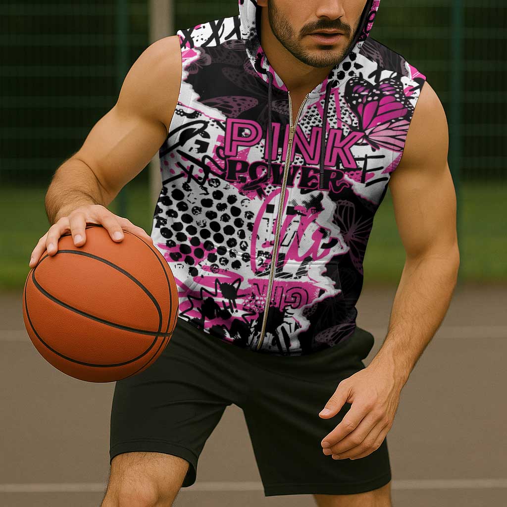 Personalized Pink Power Graffiti Sleeveless Zip Hoodie Breast Cancer Awareness - Wonder Print Shop