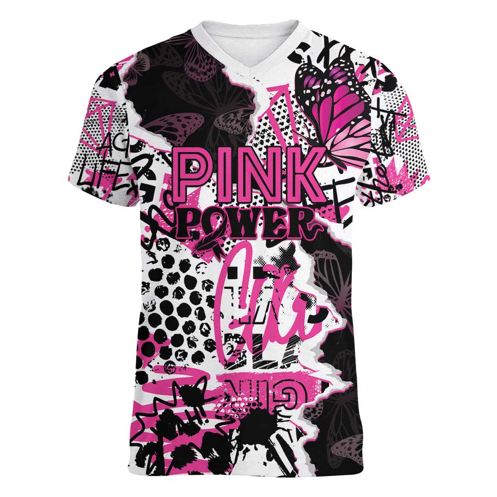 Personalized Pink Power Graffiti Women V-Neck T-Shirt Breast Cancer Awareness - Wonder Print Shop