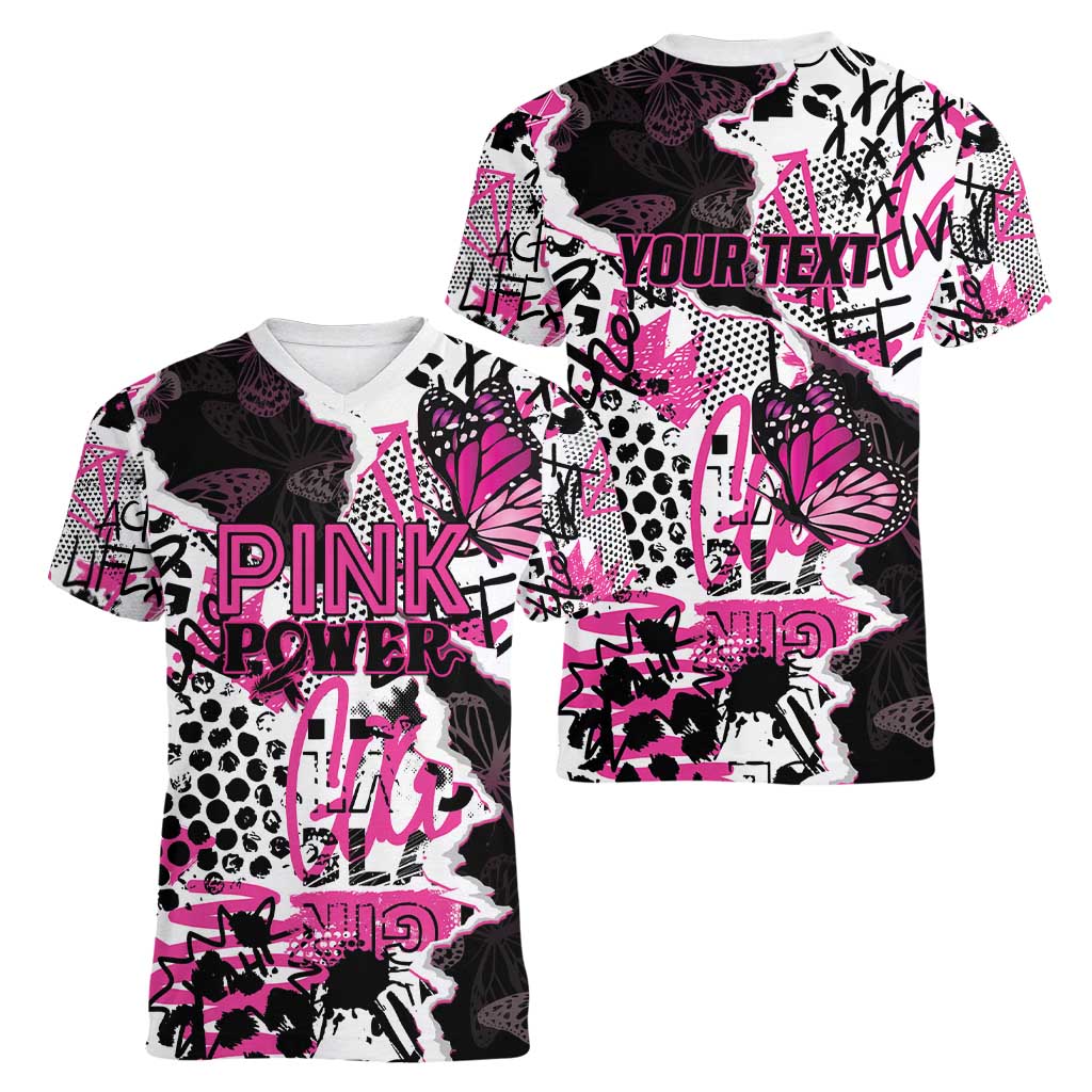 Personalized Pink Power Graffiti Women V-Neck T-Shirt Breast Cancer Awareness - Wonder Print Shop