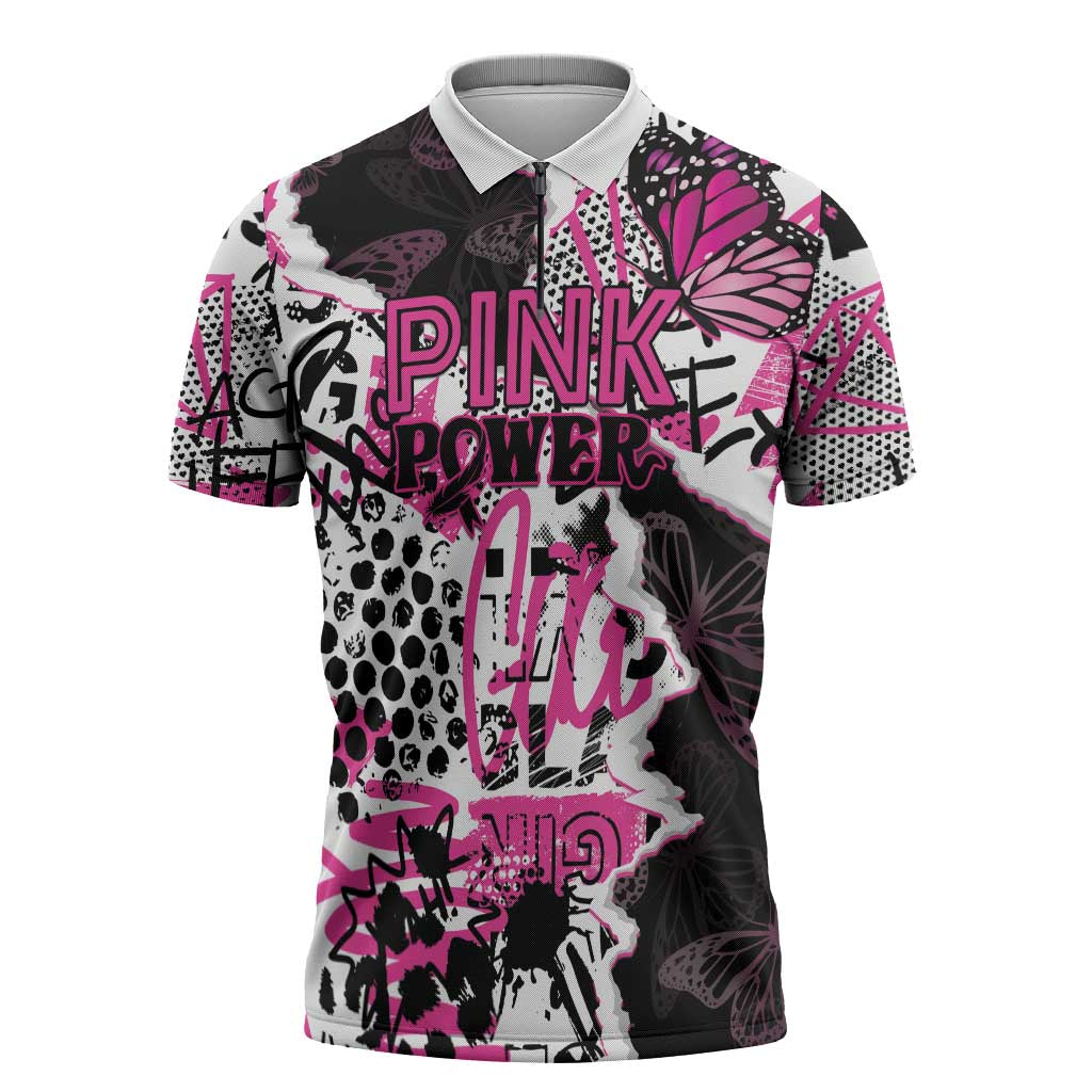 Personalized Pink Power Graffiti Zipper Polo Shirt Breast Cancer Awareness - Wonder Print Shop