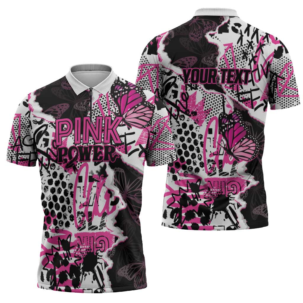 Personalized Pink Power Graffiti Zipper Polo Shirt Breast Cancer Awareness - Wonder Print Shop