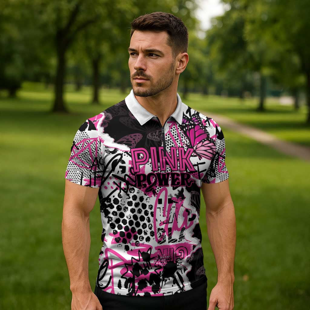 Personalized Pink Power Graffiti Zipper Polo Shirt Breast Cancer Awareness - Wonder Print Shop